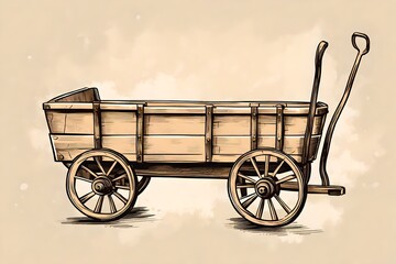vintage style hand drawing of an old antique pull wood wagon