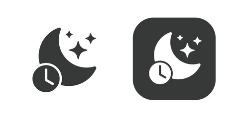 Sleep time night mode simple icon graphic vector set, nighttime bedtime black white pictogram shape silhouette, do not disturb silence status moon crescent with clock symbol glyph image clipart - obrazy, fototapety, plakaty