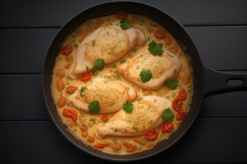 Chicken breasts sauteed in a creamy sauce with pan-fried sun-dried tomatoes. Generative AI