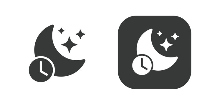 Sleep time night mode simple icon graphic vector set, nighttime bedtime black white pictogram shape silhouette, do not disturb silence status moon crescent with clock symbol glyph image clipart