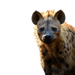 Portrait of a hyena isolated on a white background, cutout PNG file.