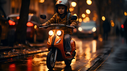 A girl in a helmet on a moped on the street in the evening