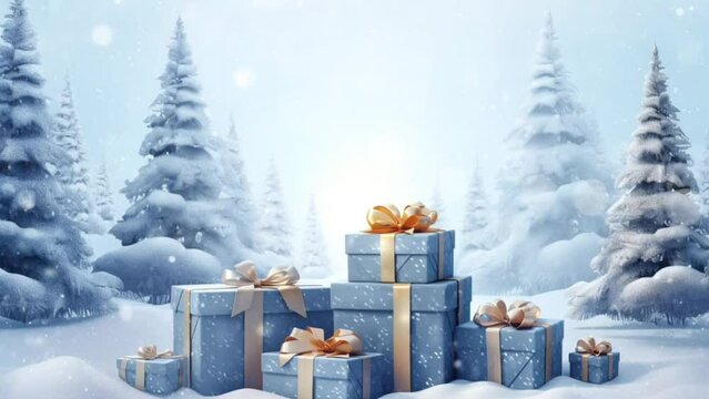 Christmas composition with snowy fir trees and gift boxes Merry Christmas and Happy New Year banner Winter holiday. Seamless looping video background animation,cartoon style