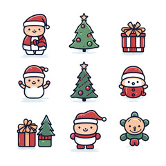 Set of small cute christmas decoration character, minimalist stickers, line drawing, isolated on transparent background, genrative AI