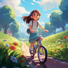illustrate cute kids cartoon character  riding a bicycle in 3D design - obrazy, fototapety, plakaty