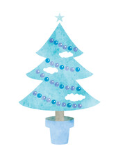Fototapeta premium 水彩タッチの手描き風クリスマスツリーのイラスト（ブルー）
