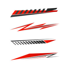 Sport car decal stripes. Speed lines, racing tuning strips and car sticker vector set. Red vehicle marking elements for transport modifying isolated on black. Automobile identity