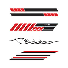 Sport car decal stripes. Speed lines, racing tuning strips and car sticker vector set. Red vehicle marking elements for transport modifying isolated on black. Automobile identity