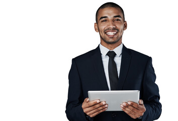 Isolated business man, tablet and portrait with smile, pride and excited by transparent png...