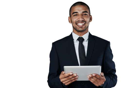 Isolated business man, tablet and portrait with smile, pride and excited by transparent png background. Corporate lawyer, digital touchscreen or happy for analysis, app or results in investigation
