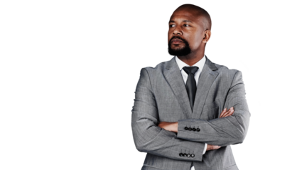 Thinking, arms crossed and professional black man brainstorming problem solving solution, company plan or ideas. Planning decision, choice and African manager isolated on transparent, png background