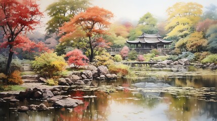 Fototapeta na wymiar watercolor painting of Japanese garden with pond bridge and traditional temple
