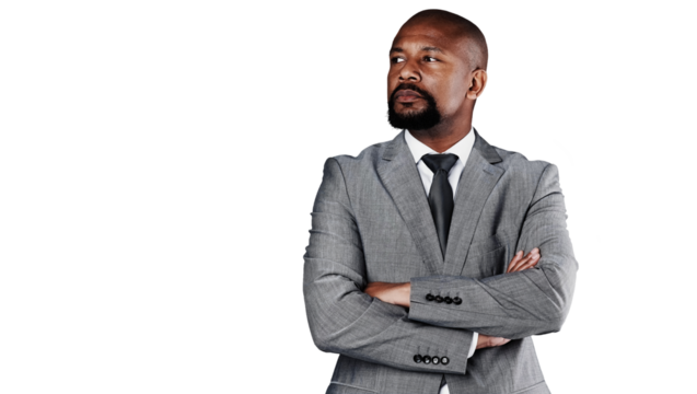 Thinking, arms crossed and professional black man brainstorming problem solving solution, company plan or ideas. Planning decision, choice and African manager isolated on transparent, png background