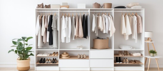 White room with built-in wardrobe for hanging clothes and storing shoes and accessories. - obrazy, fototapety, plakaty