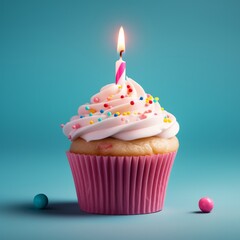 Close-up of birthday cupcake with one candle on blue background with flying confetti and bokeh