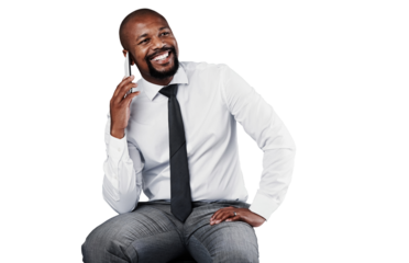 Phone call, professional smile and black man speaking, talking and chat with corporate contact, mobile user or advisor. Cellphone, consultation and African CEO isolated on transparent, png background
