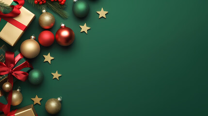 Christmas Eve concept. Top view photo of gift boxes with ribbon bows green red baubles gold star ornaments and pine branches on isolated green background with copyspace in the middle,Christmas backgro