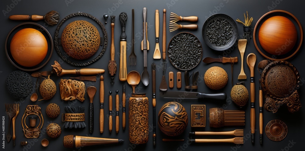 Wall mural an array of utensils on a black table
