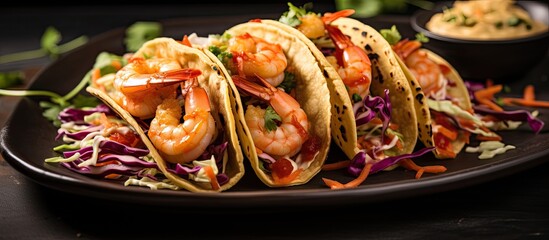 Spicy shrimp tacos with coleslaw and salsa made at home.