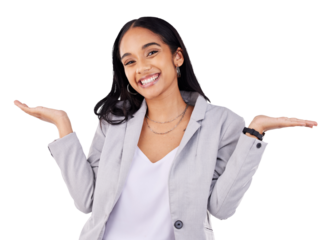 Business woman, shrug and happy for choice, decision or palm with offer of job opportunity. Portrait of a professional worker with comparison hands or emoji isolated on a transparent, PNG background