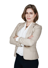 Portrait, arms crossed and confident business woman, realtor or property developer pride in agency sales work. Management, job experience or real estate agent isolated on transparent, png background - obrazy, fototapety, plakaty
