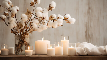 scandinavian interior with cotton flowers and lit candles on light background