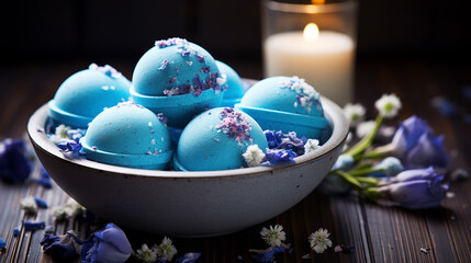 Obraz na płótnie Canvas spa set of blue bath bombs