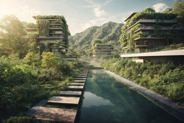 Fototapeta premium Sustainable environment concept. The image depicts towards preserving nature, reducing carbon footprint and building sustainable urban community for green future