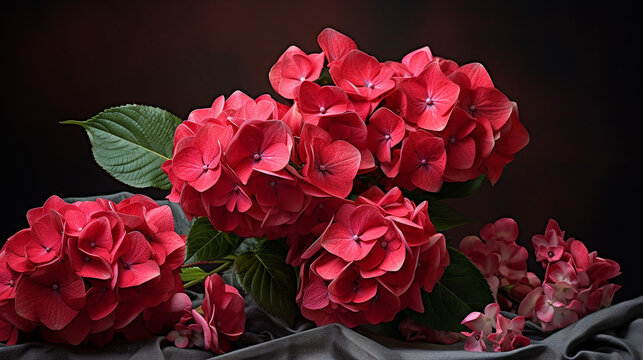 red hydrangea flowers and pink roses on dark background