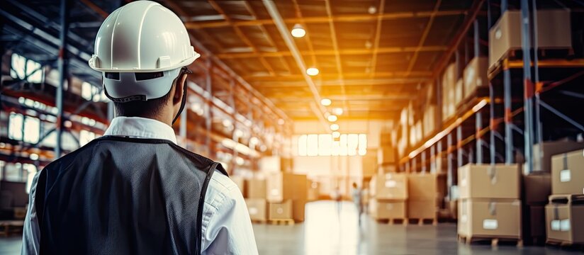 Management in logistics and distribution, working at a warehouse wearing white hardhats, involved in international export business.