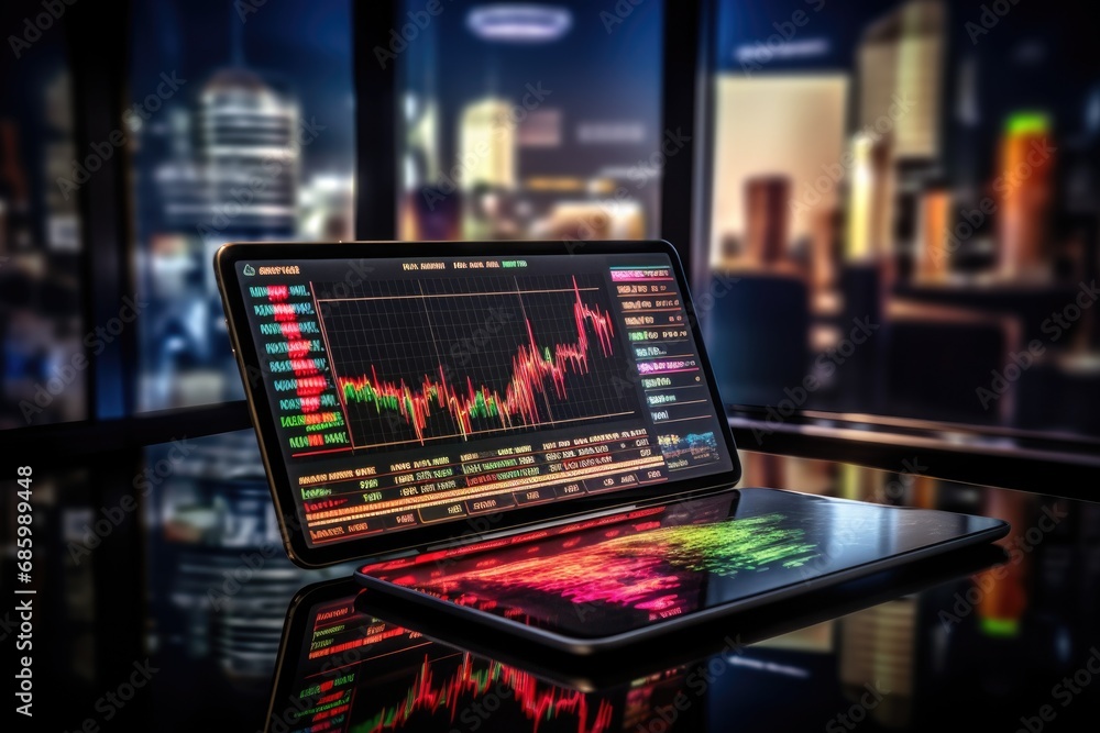 Poster stock trading on a touchscreen tablet. a financial analyst using a tablet computer with stock charts