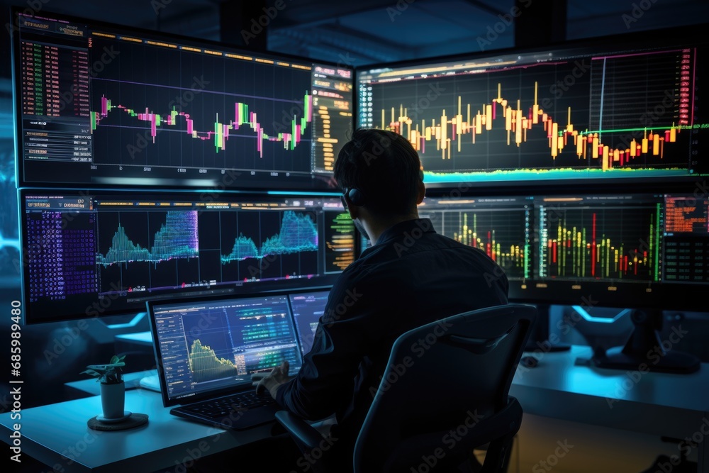 Poster stock trader analyze the market on high require super computer. a financial analyst using a tablet c