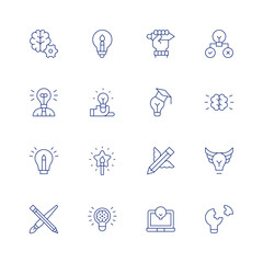 Creativity line icon set on transparent background with editable stroke. Containing hypothesis, brainstorming, idea, problem solving, graphic designer, learning, inspiration, laptop, creative process.