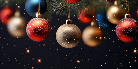 Obraz na płótnie Canvas Color full Christmas tree hanging ball decorations on Christmas on blurred background with bokeh lights effect and falling snow AI Generative 