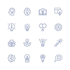 Creativity line icon set on transparent background with editable stroke. Containing idea, gear, solution, book, puzzle, no idea, creative thinking, creativity, creative, creative idea, brain, think.