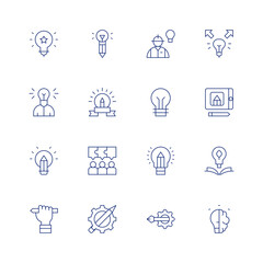 Creativity line icon set on transparent background with editable stroke. Containing idea, tablet, knowledge, innovative, light bulb, creativity, creative process, creative writing, creative, lightbulb