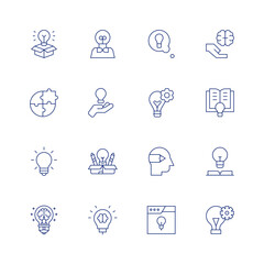Creativity line icon set on transparent background with editable stroke. Containing idea, learning, book, innovation, main idea, creative, designer, puzzle.