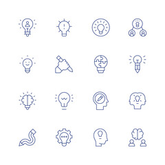Creativity line icon set on transparent background with editable stroke. Containing cooperate, idea, coworking, brain, light bulb, ingenuity, creative, creative idea, creativity, lightbulb.