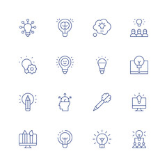 Creativity line icon set on transparent background with editable stroke. Containing idea, light bulb, brainstorm, thoughts, lightbulb, creative, creative brain, creativity, open mind, brainstorming.