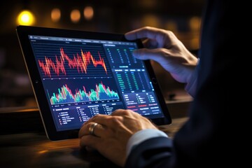 Businessman holding trader investor broker holding tablet computer analyzing charts bank account market rate global indexes online forecast on stock exchange digital finances trade platform.