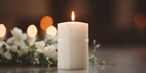 Fototapeta na wymiar White lilies and blurred burning candles on table, memorial candle hand candle condolence candle, candles on a tray with the word candle on it