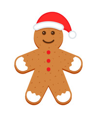 Gingerbread man with santa hat. Cute ginger bread character in flat cartoon design. Classic Christmas cookies. Xmas biscuit isolated on white background. Vector illustration.