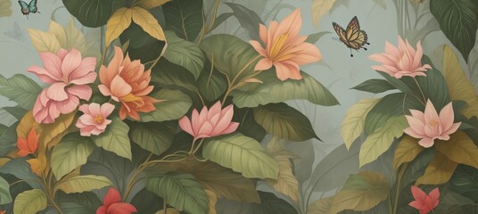 wallpaper jungle and leaves tropical forest mural parrot and birds butterflies old drawing vintage background - Generative AI