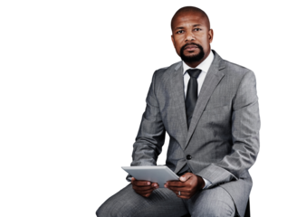 Man, tablet and portrait or connection, networking and internet or digital technology. Black male person, face and information or planning, research and app or isolated on transparent png background