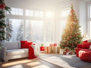 living room decorated in a modern Christmas style with red white green