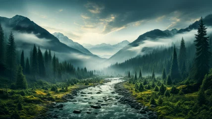 Fototapeten Landscape of Misty Forest and Mountain Range in Nature © senadesign