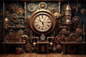 Fototapeta na wymiar A steampunk style with gears pipes and clocks. Stylized of a steampunk mechanical. 3D illustration digital art design. Retro clock mechanism steampunk style.