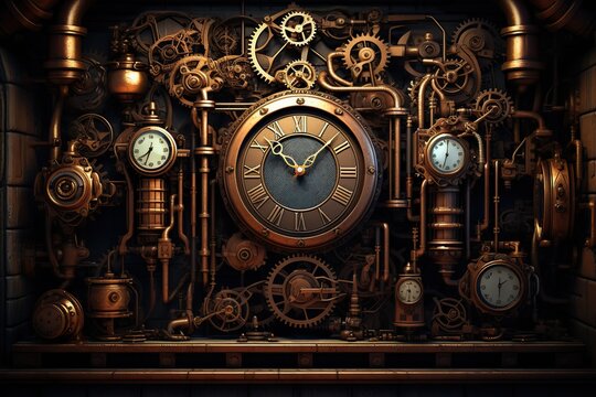 A steampunk style with gears pipes and clocks. Stylized of a steampunk mechanical. 3D illustration digital art design. Retro clock mechanism steampunk style.