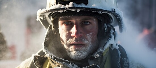 Ice-covered American firefighter in winter fire scene.
