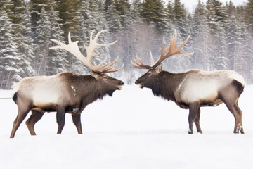 Two elk standing next to each other in the snow, antlers, forest, winter